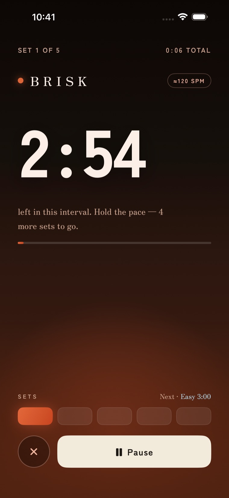Japanese Walking: an active brisk interval — a large countdown with the current pace and set, on the calm washi-paper screen.